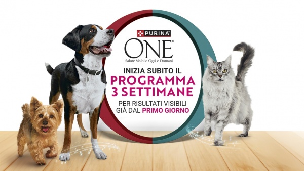 Visual del programma 3 settimane di Purina One con gatto e cani