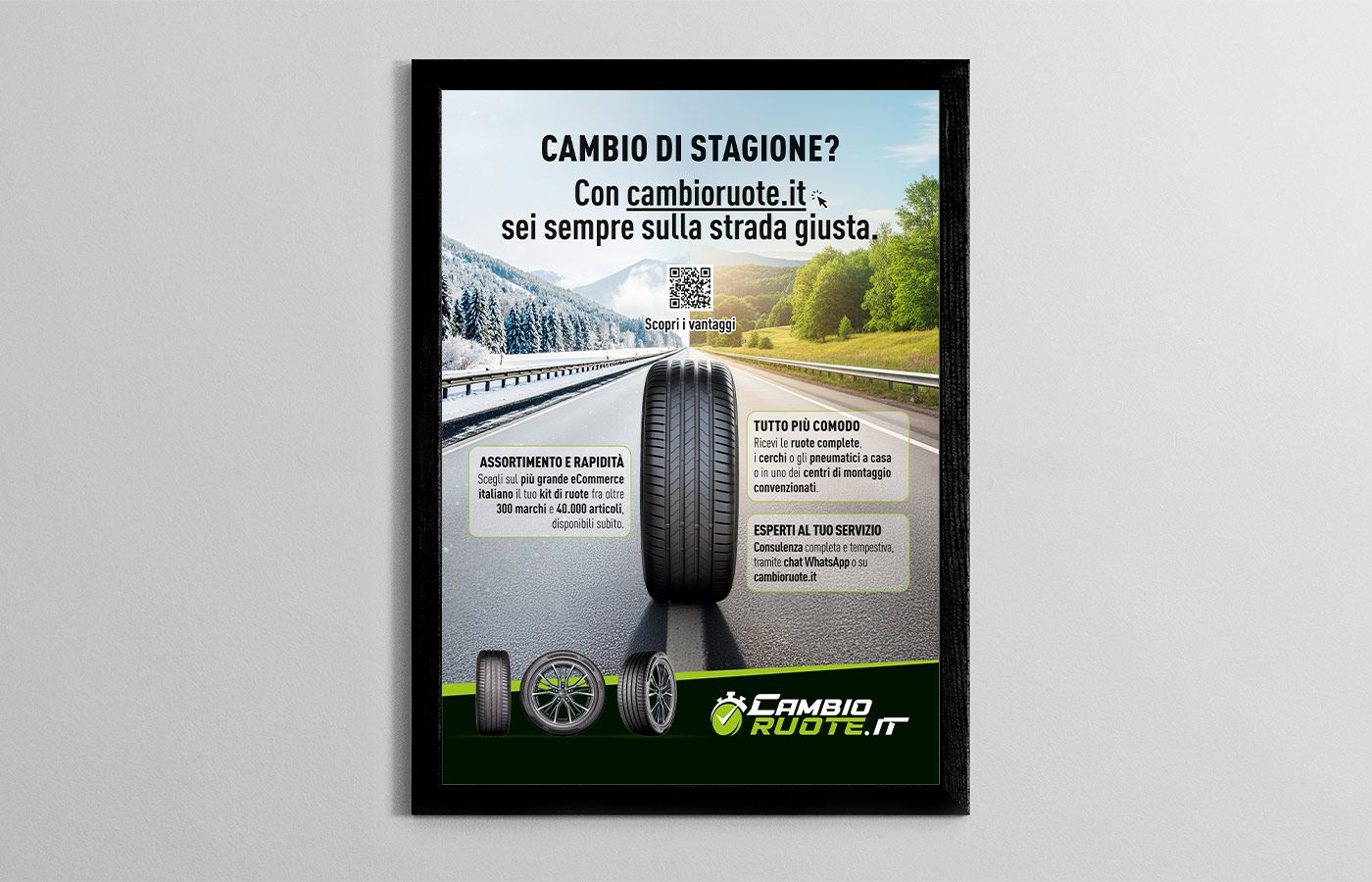 On air una campagna di affissione realizzata da ATC – All Things Communicate che invita gli automobilisti in sosta in Autogrill a cambiare gomme, cerchi o il kit completo di ruote direttamente tramite il sito CambioRuote.it