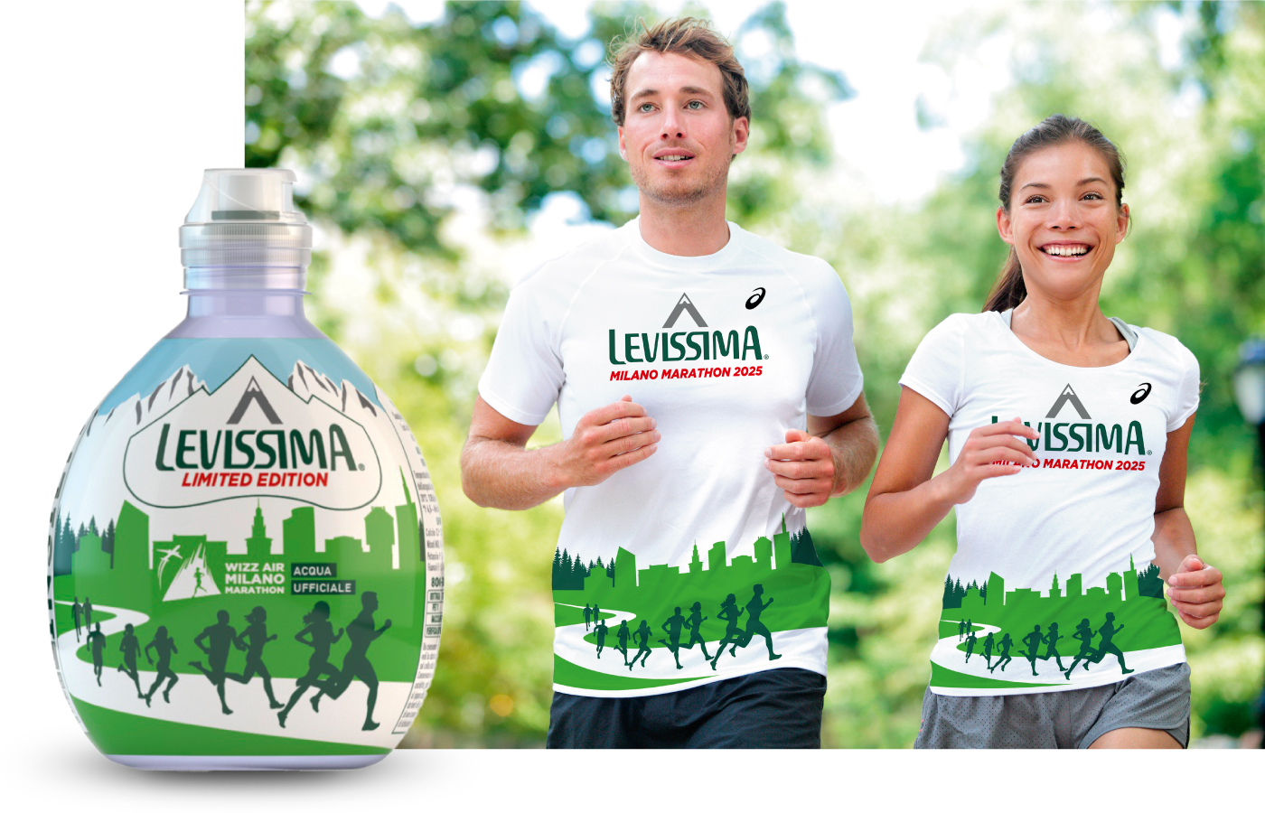 Sleeve delle bottiglie e T-shirt Levissima graficate da ATC per i 42 chilometri della Milano Marathon 2025