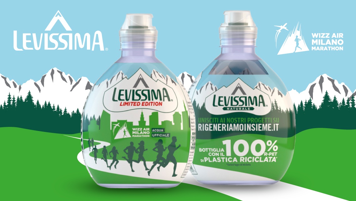 Il look and feel green oriented delle bottiglie da 33 cl di Levissima disegnate da ATC per la Milano Marathon 2025