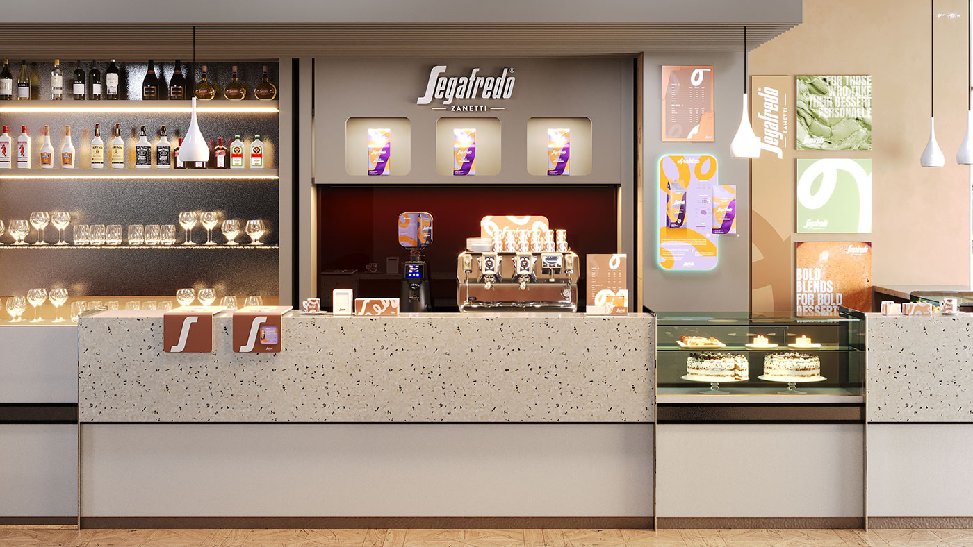 I materiali POS realizzati da ATC con il design della linea Segafredo Pastry Selection