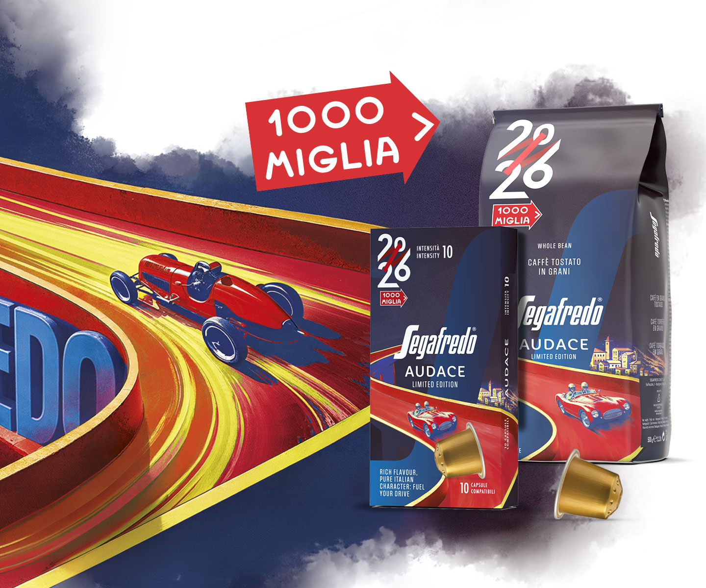 Il packaging di Audace, la limited edition Segafredo realizzata per celebrare la gara automobilistica 1000 Miglia