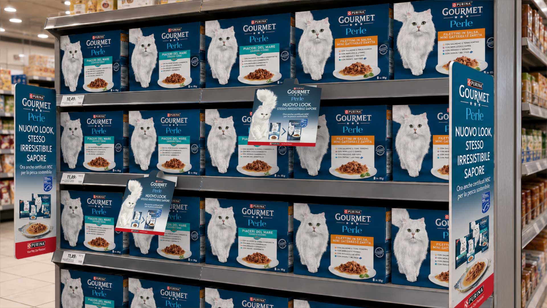 I materiali di comunicazione Gourmet Perle creati da ATC - All Things Communicate celebrano il brand in store: espositori, pendolino, bandiera e testata di gondola