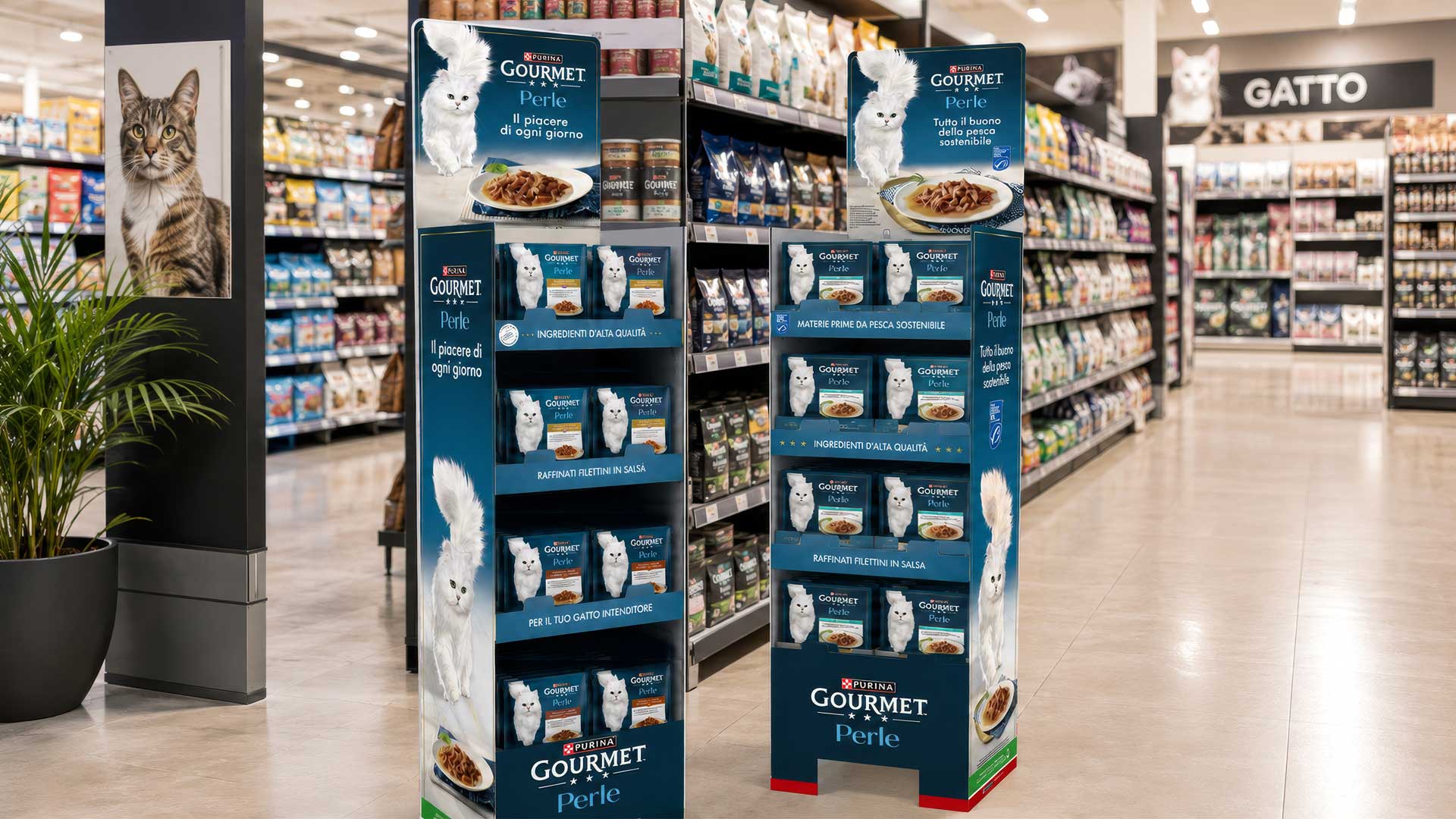 I materiali di comunicazione Gourmet Perle creati da ATC - All Things Communicate celebrano il brand in store: espositori, pendolino, bandiera e testata di gondola