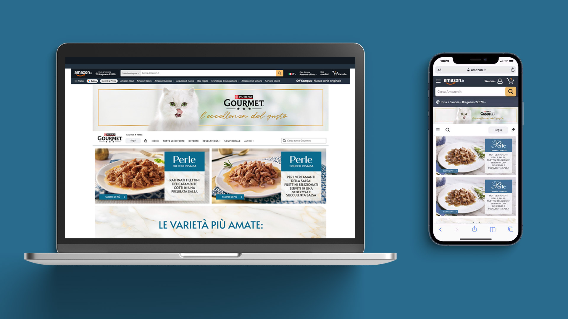 Gli asset digital realizzati da ATC - All Things Communicate per Gourmet Perle: banner display per il web, creatività per social media e campagne web, contenuti studiati per Amazon.
