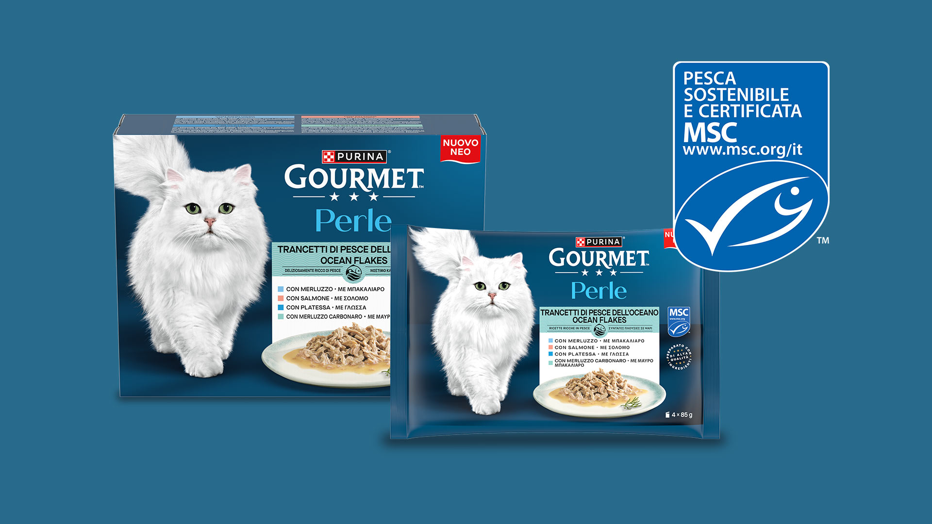 Sui pack Gourmet Perle il logo MSC da pesca sostenibile e certificata