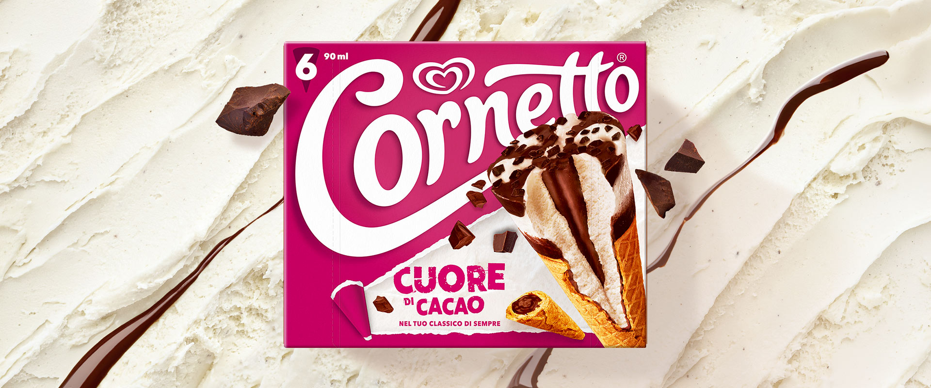 Confezione Cornetto Cuore di Cacao con elementi grafici che richiamano il cioccolato e il visual system 