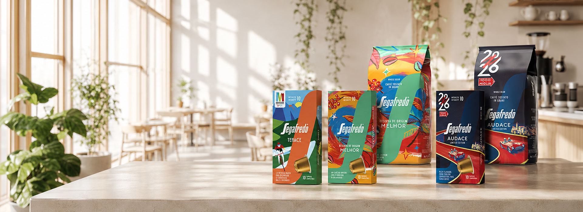 I packaging delle tre limited edition Segafredo Melhor, Audace e Tenace, realizzate da ATC