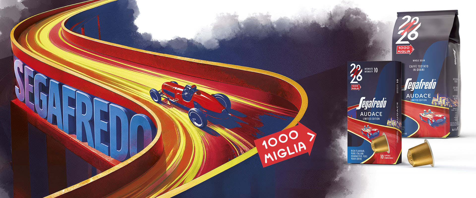 Il packaging di Audace, la limited edition Segafredo realizzata per celebrare la gara automobilistica 1000 Miglia