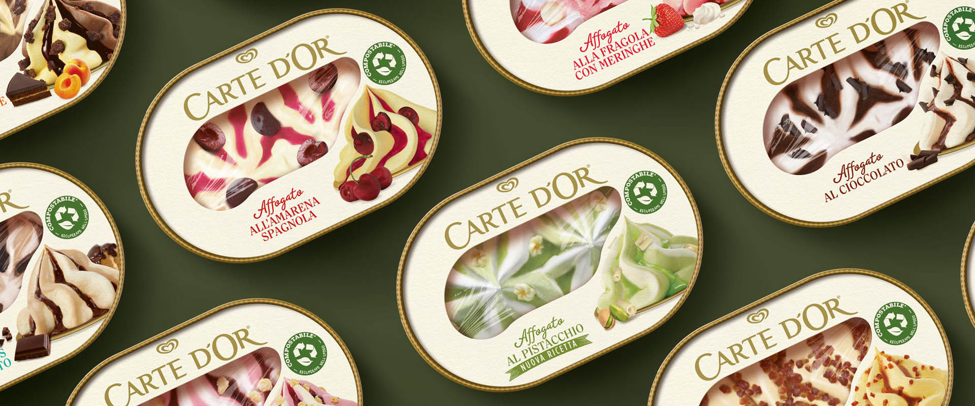 Graphic design di Reverse innovation sulle vaschette gelato Carte d'Or Affogato, eletto Prodotto dell'Anno