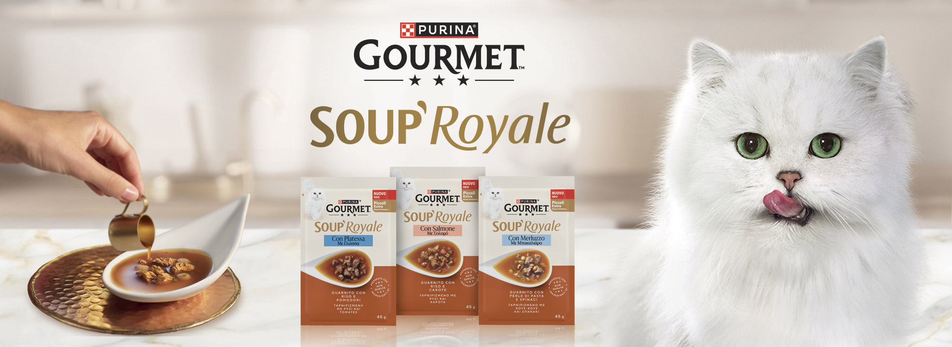 Il key visual e il mood della novità Purina® Gourmet™ Soup Royale