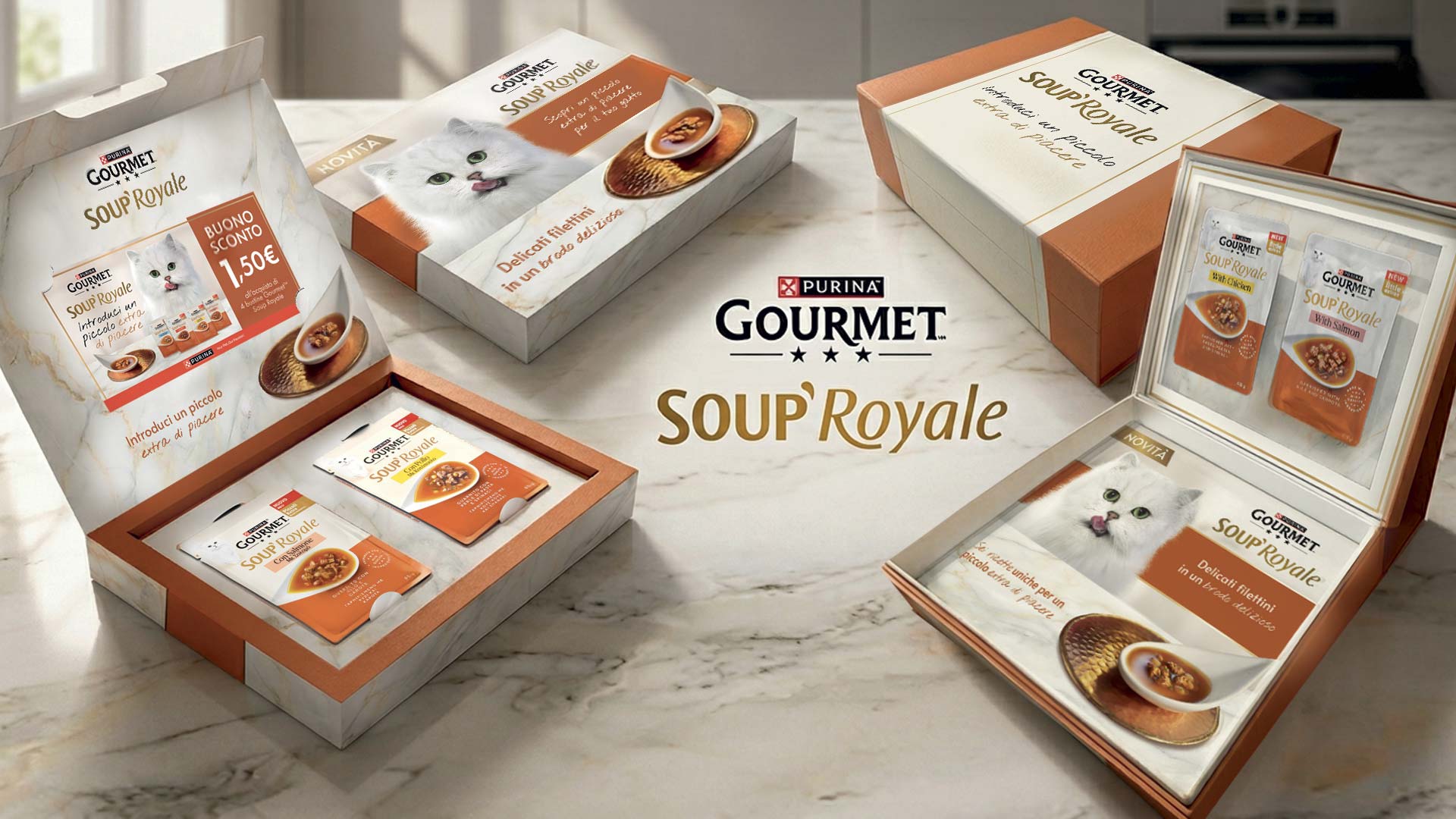 Le cuvette shopper e trade con sample di prodotto e buoni sconto Purina® Gourmet™ Soup Royale