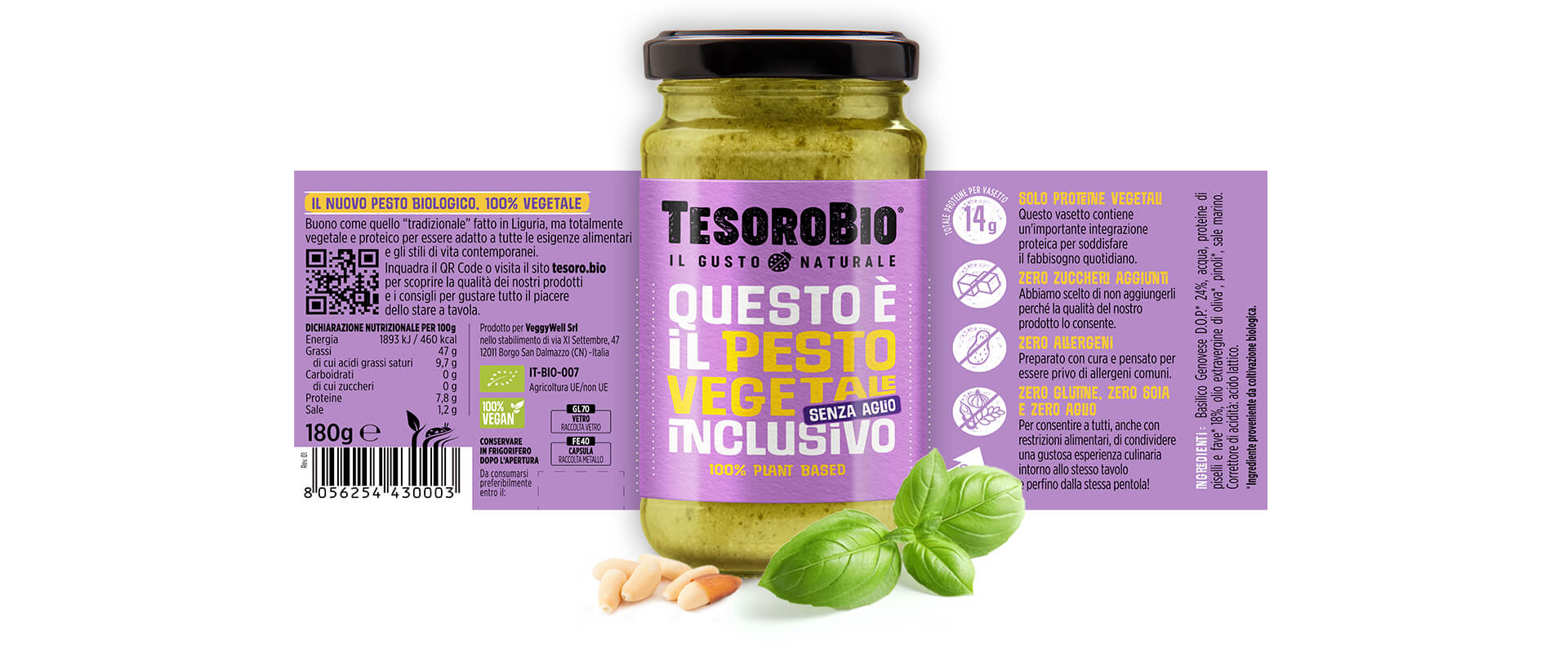 Immagini di gamma dei sughi proteici TesoroBio, un progetto nato da zero per valorizzare la naturalità attraverso colori, ingredienti vegetali e messaggi chiari.
